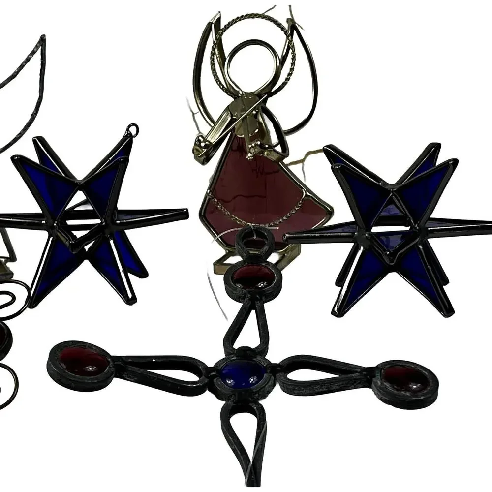 Set of 7 Stained Glass Cobalt Blue Snowflake Ornaments 4 Handmade Angel &Crosses